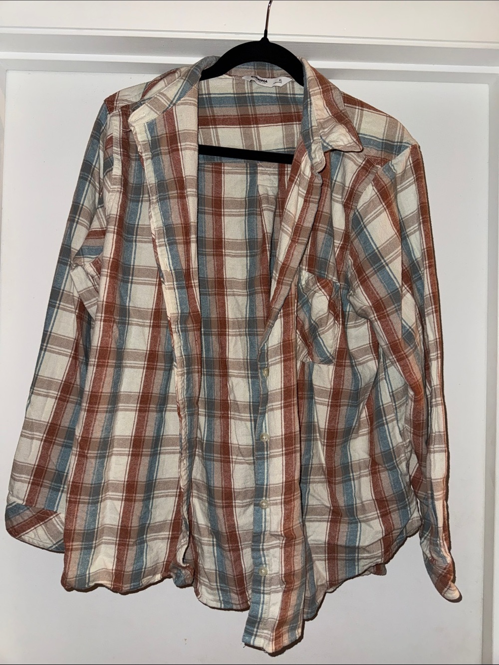 Sonoma Plaid Button-Down Shirt in Rust, Blue & Cream